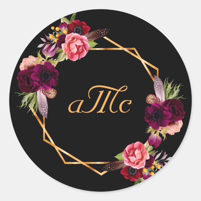 Wedding burgundy floral black monogram initials classic round sticker (Front)