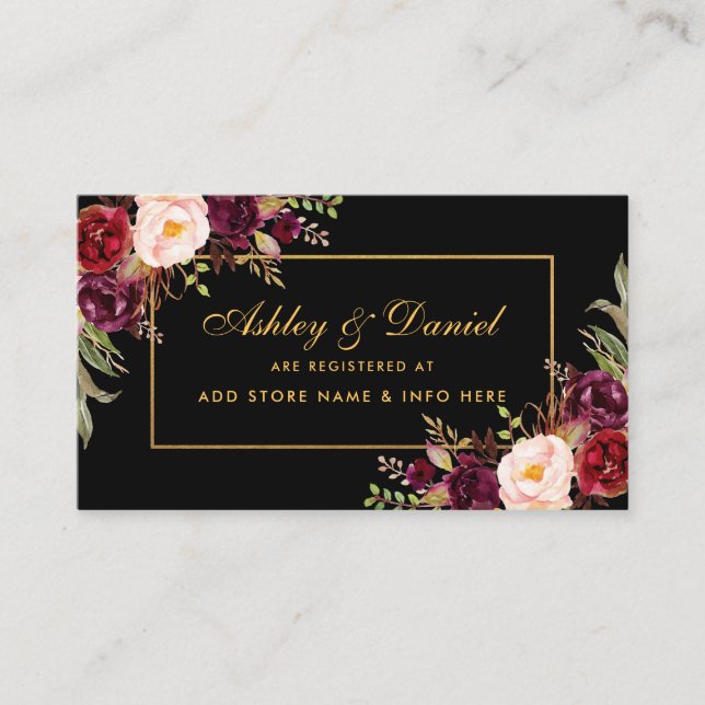 Wedding Burgundy Floral Black Registry Insert Card (Front)