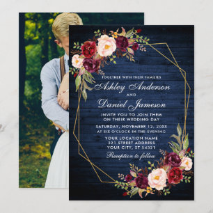 Wedding Burgundy Floral Blue Wood Geometric Photo Invitation