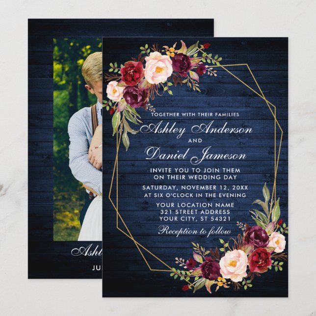 Wedding Burgundy Floral Blue Wood Photo Geometric Invitation (Front/Back)