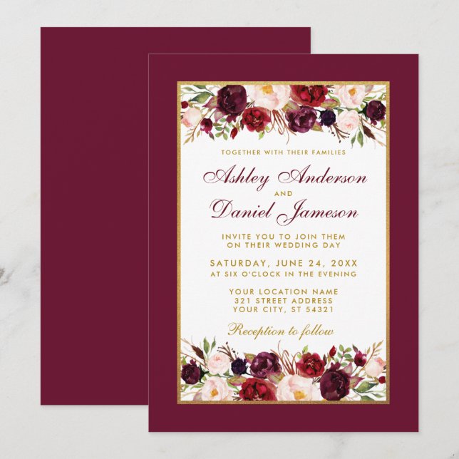 Wedding Burgundy Floral Elegant Gold White Invitation (Front/Back)