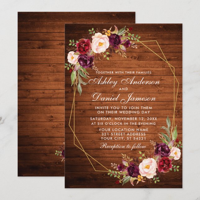 Wedding Burgundy Floral Wood Geometric Gold Frame Invitation (Front/Back)