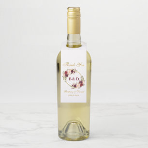 Wedding Burgundy Floral Wreath Gold Monogram Bottle Tag