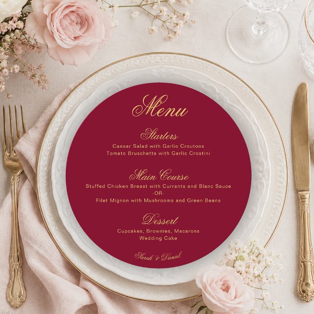 Wedding Burgundy Gold Simple Calligraphy Red Round Menu (Creator Uploaded)