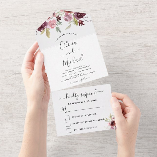 Wedding Burgundy Pink Floral Flowers RSVP All In One Invitation (Tearaway)