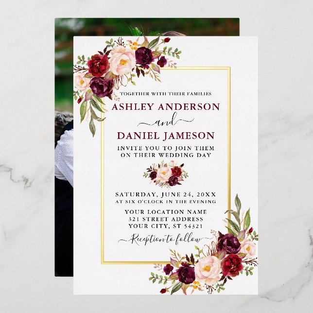 Wedding Burgundy Watercolor Floral Photo Gold (Front/Back)
