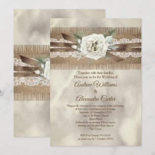 Wedding Burlap Beige White Rose Lace Bow Invitation