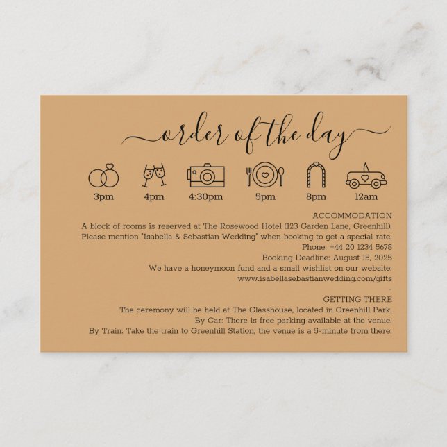 Wedding Burly Wood Sand Details Order Of The Day Enclosure Card (Front)