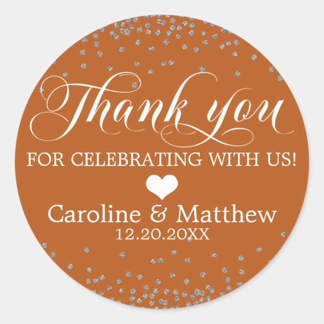 Wedding Burnt Orange Sparkle Silver THANK YOU Classic Round Sticker (Front)
