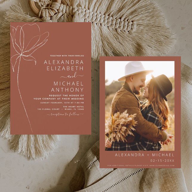 Wedding Burnt Orange Terracotta Photo Floral Invitation (Creator Uploaded)
