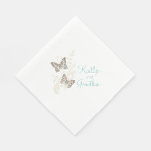 Wedding butterflies art teal white dinner napkins