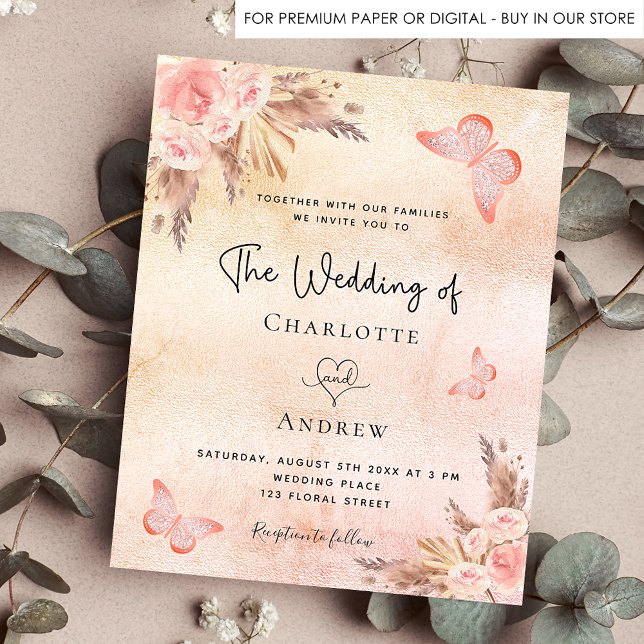 Wedding butterfly pampas grass blush boho invitation postcard (Creator Uploaded)
