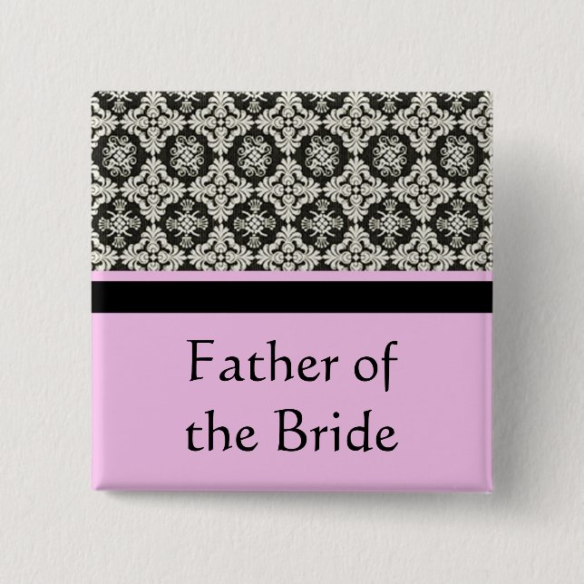 wedding buttons, damask and pink strip colour 2 inch square button (Front)