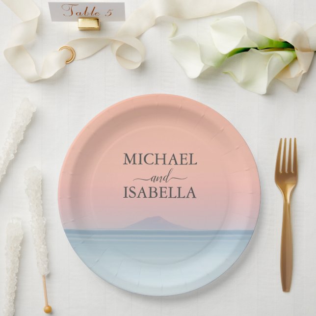 Wedding by the sea under peachy sky sunset paper plate (Wedding)