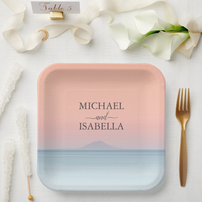 Wedding by the sea under peachy sky sunset paper plate (Wedding)