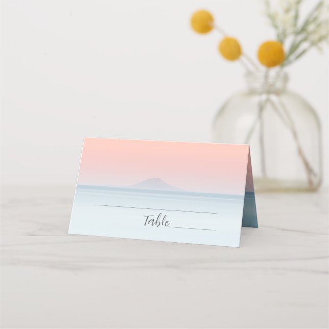 Wedding by the sea under peachy sky sunset place card (Front)