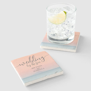 Wedding by the sea under peachy sky sunset stone coaster
