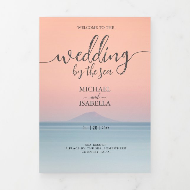 Wedding by the sea under peachy sky sunset Tri-Fold programme (Cover)