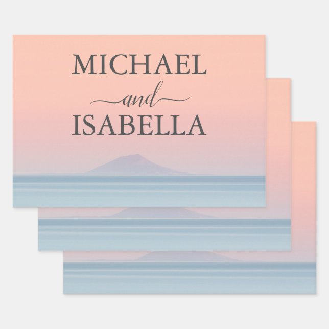 Wedding by the sea under peachy sky sunset wrapping paper sheet (Set)