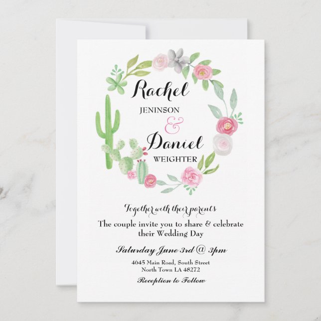 Wedding Cactus Fiesta Wreath Party Invite Floral (Front)