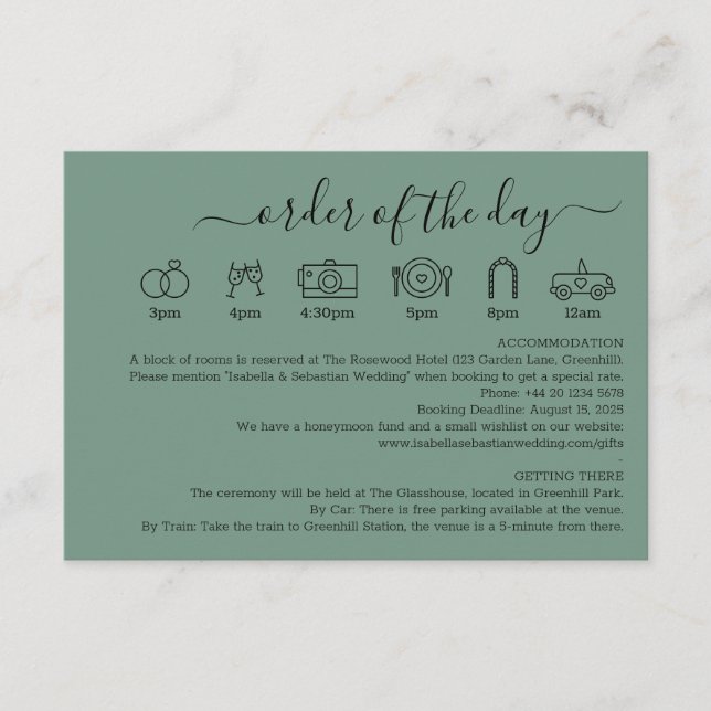 Wedding Cadet Blue Green Details Order Of The Day Enclosure Card (Front)