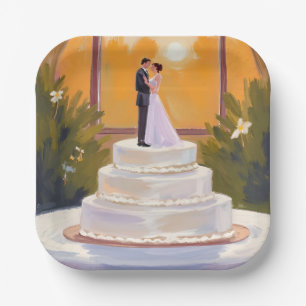 Wedding Cake Bride & Groom Brunette Watercolor Paper Plate