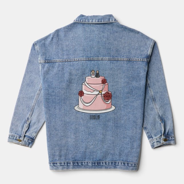 Wedding cake cartoon illustration  denim jacket (Back)