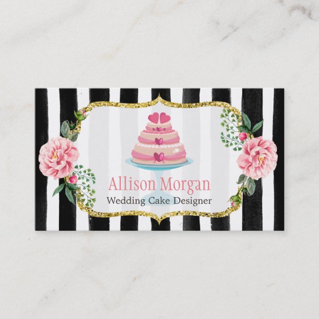 Wedding Cake Design Gold Pink Floral Striped Business Card (Front)