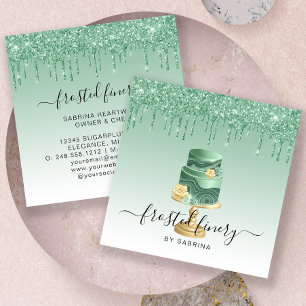 Wedding Cake Glitter Drip Mint Green Bakery Square Business Card