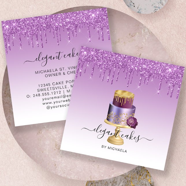 Wedding Cake Glitter Drip Purple Bakery Square Business Card (Creator Uploaded)