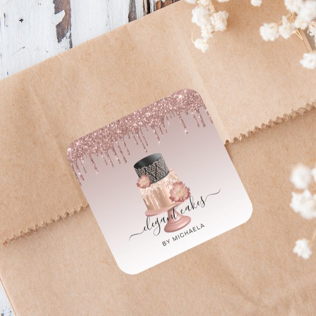 Wedding Cake Glitter Drip Rose Gold Bakery  Square Sticker (Creator Uploaded)
