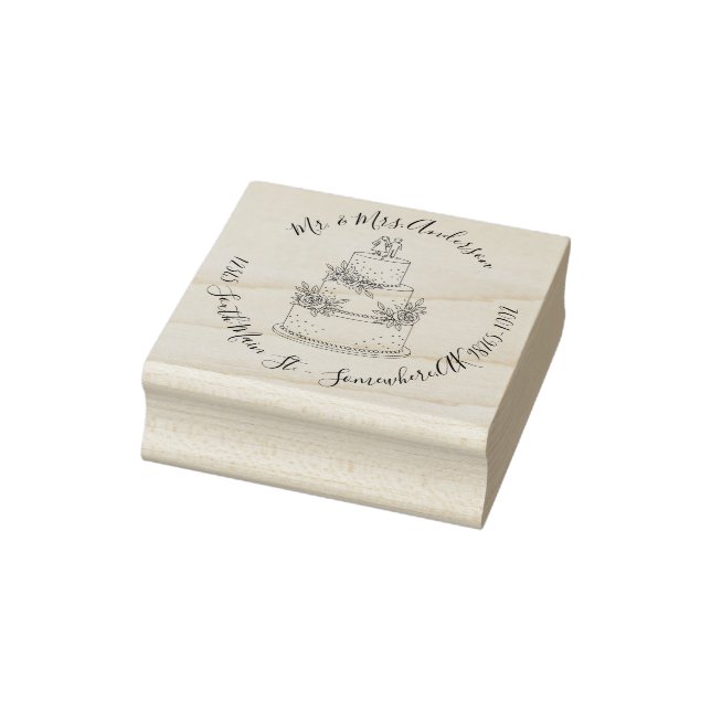 Wedding Cake Return Address Names Wood Rubber Stamp (Stamp)