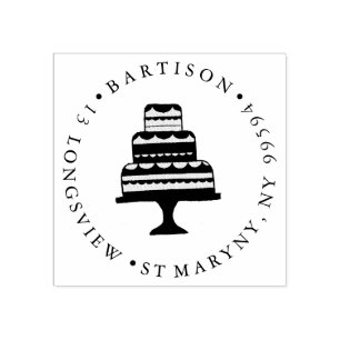 WEDDING CAKE ROUND RETURN ADDRESS RUBBER STAMP