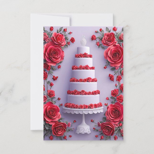 Wedding Cake with Red Roses Romantic Floral🎂🌹💍✨ Invitation (Front)