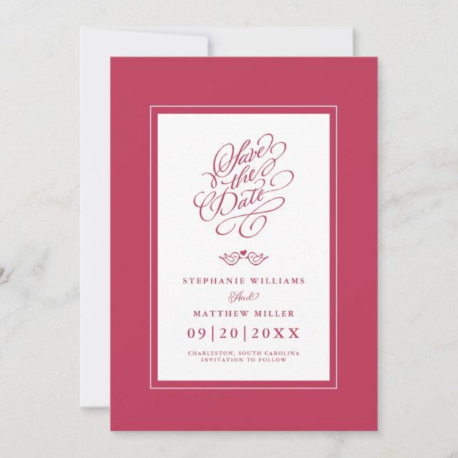 Wedding Calligraphy Bold & Bright Magenta Red Save The Date (Front)