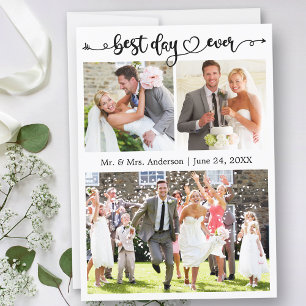Wedding Calligraphy Heart Best Day Ever 3 Photo Thank You Card