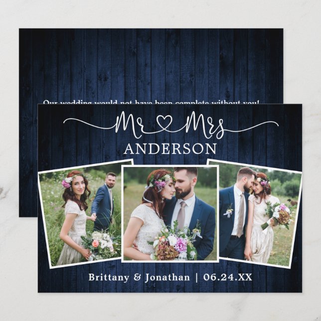 Wedding Calligraphy Heart Mr. Mrs. 3 Photo Wood Thank You Card (Front/Back)