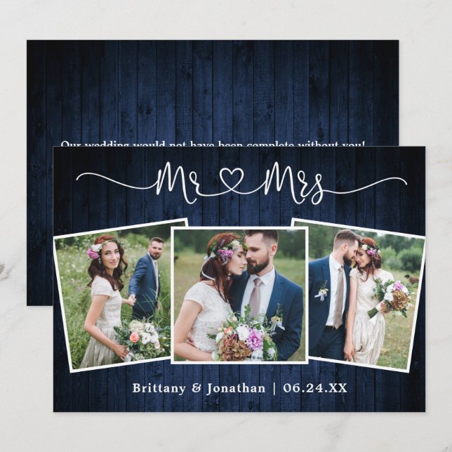 Wedding Calligraphy Heart Mr. Mrs. Wood 3 Photo Thank You Card (Front/Back)