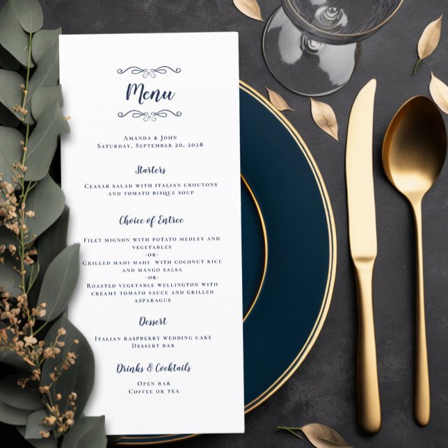 Wedding Calligraphy Modern Navy Blue Dinner Party Menu (Wedding Calligraphy Modern Navy Blue Dinner Party Menu)