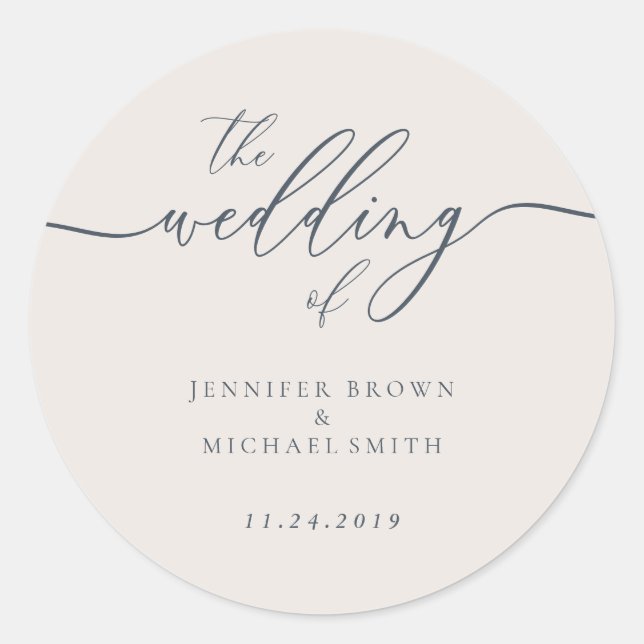 Wedding Calligraphy Simple Navy Beige Occasionally Classic Round Sticker (Front)