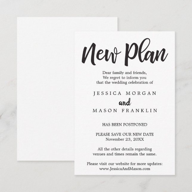Wedding Cancellation - Postponed - Change the Date Invitation (Front/Back)