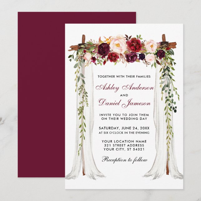 Wedding Canopy Arch Watercolor Burgundy Floral Invitation (Front/Back)