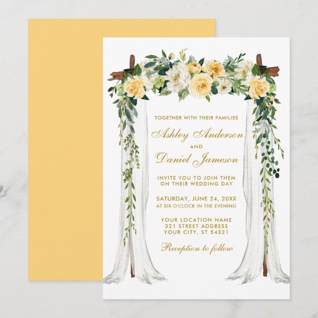 Wedding Canopy Arch Watercolor Floral Yellow Gold Invitation (Front/Back)
