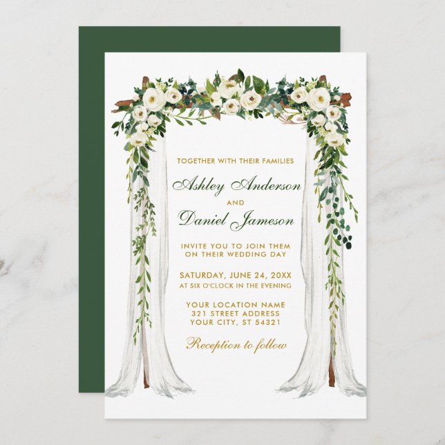 Wedding Canopy Arch Watercolor Green Floral Gold Invitation (Front/Back)