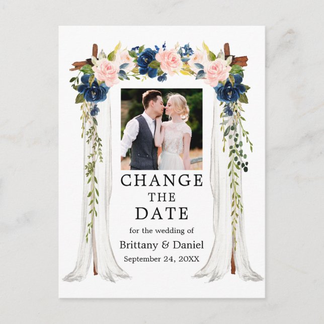 Wedding Canopy Pink Blue Floral Change The Date Postcard (Front)