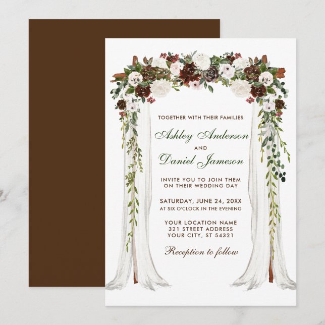 Wedding Canopy Watercolor Green Floral Brown Invitation (Front/Back)