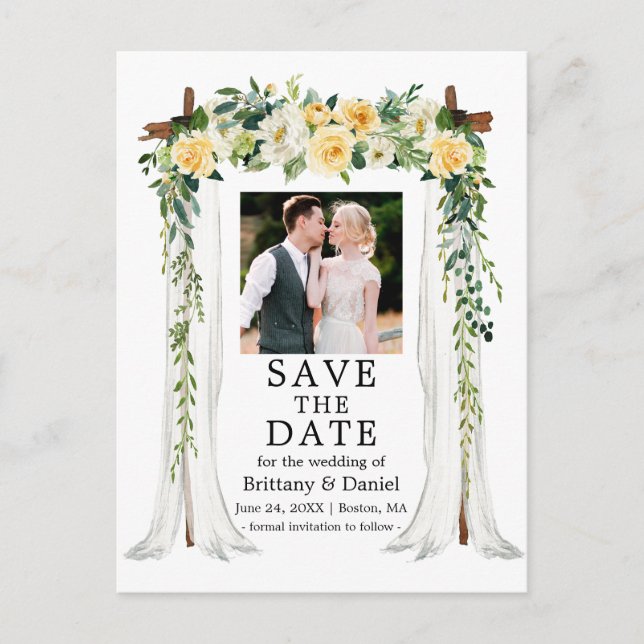 Wedding Canopy Watercolor Yellow Floral Photo Announcement Postcard (Front)