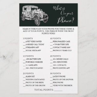 Wedding Car What is on your Phone Shower Game Card