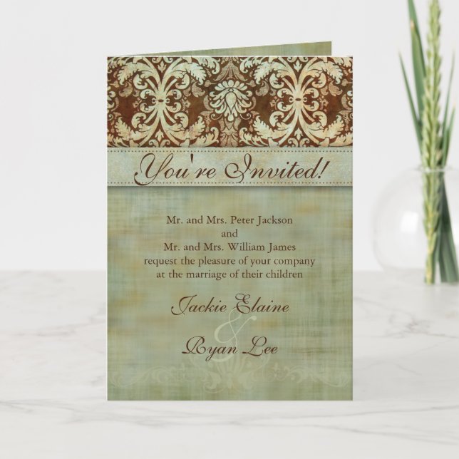 Wedding Cards Damask Brown Green Vintage (Front)