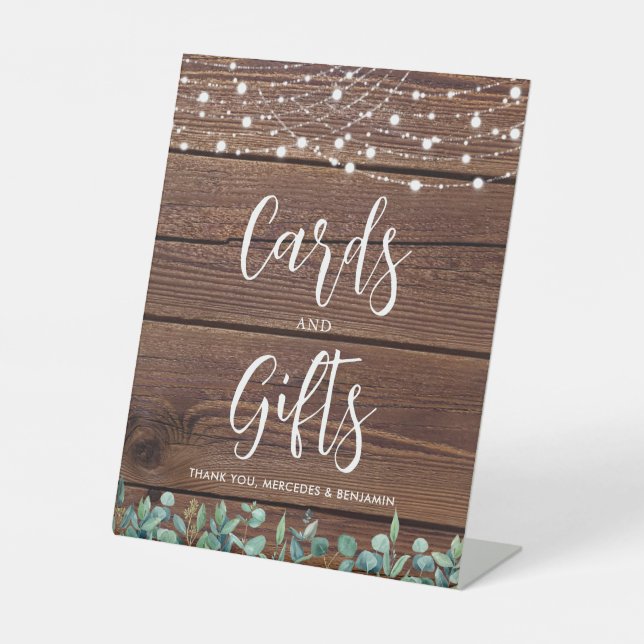 Wedding Cards Gifts Rustic Greenery String Lights  Pedestal Sign (Front)